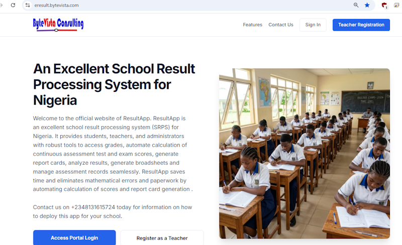 landing page of our school result processing system for Nigeria